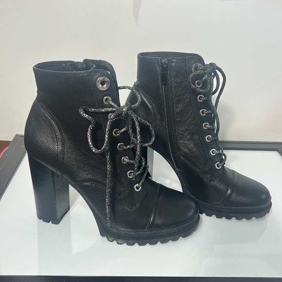 ALDO COMBAT LACE UP ZIP UP CHUNKY HEELS THICK PLATFORM BLACK LEATHER SIZE 9 - Picture 3 of 12